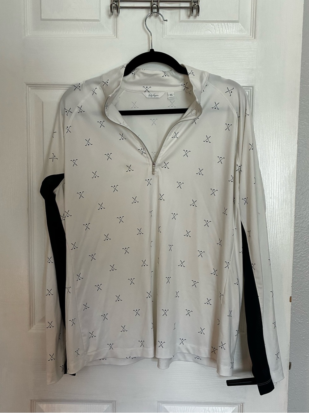 Lady Hagen White Pullover with Black Trim and Navy Golf Motif